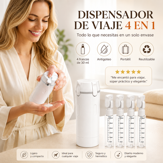 Botella de viaje 4 en 1: Empaca menos y viaja más cómodo