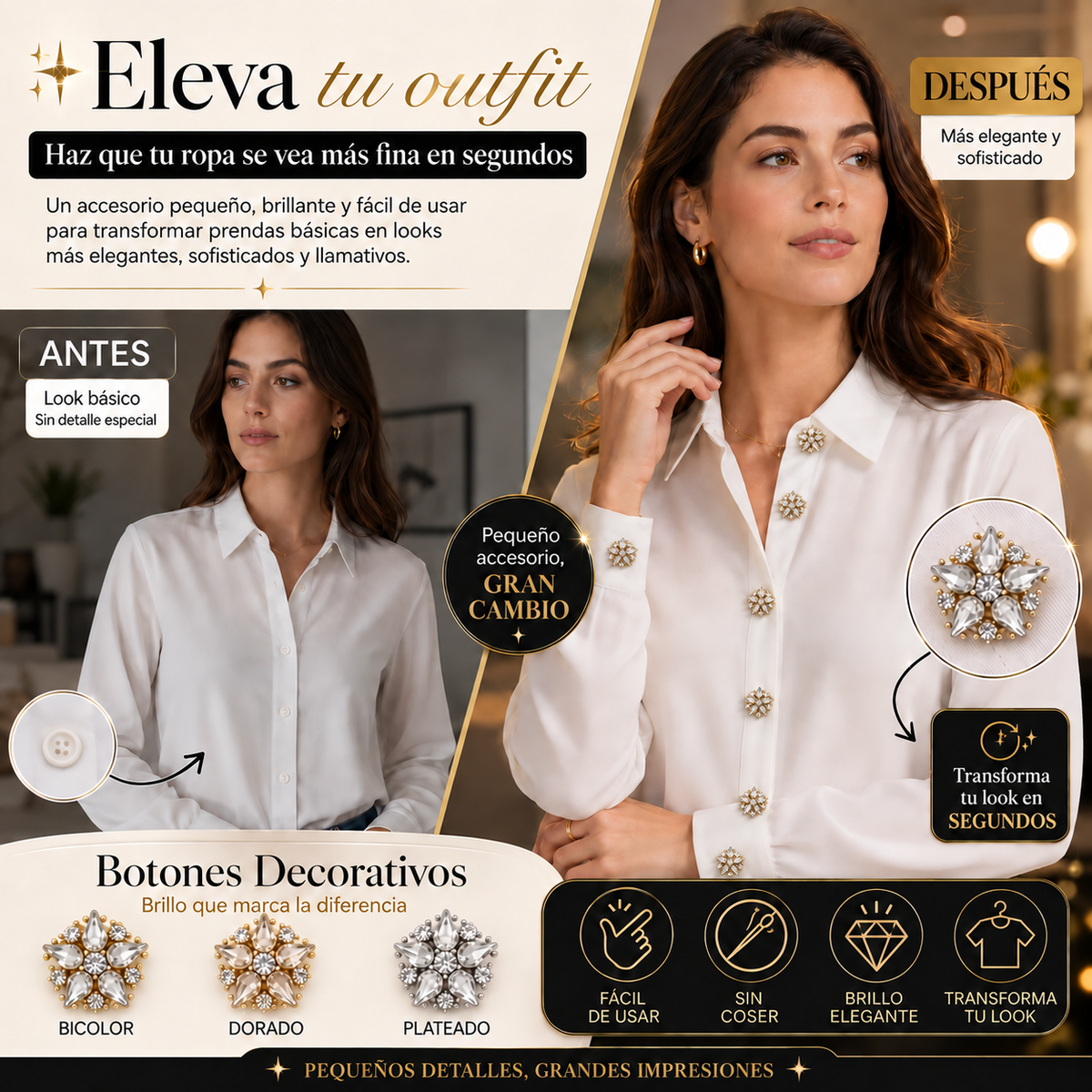 CUBRE BOTONES: Transforma tu ropa en segundos con un toque de elegancia