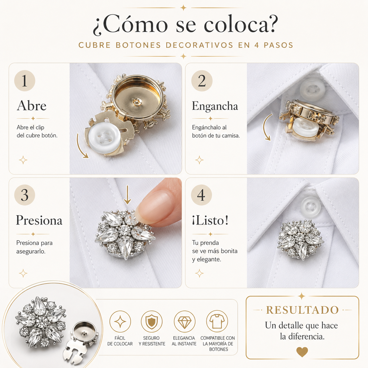 CUBRE BOTONES: Transforma tu ropa en segundos con un toque de elegancia